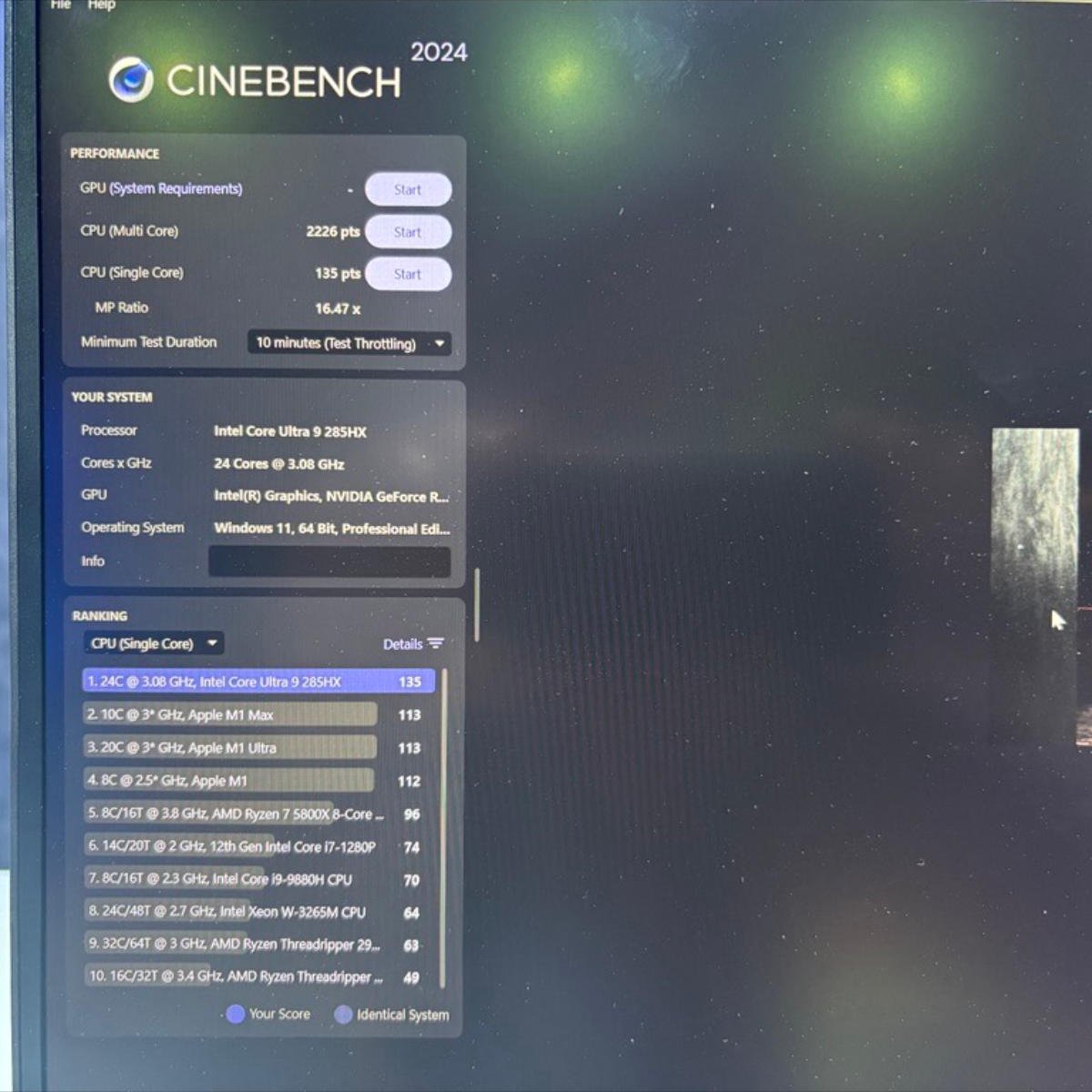Scores Cinebench 2024 pour l'Intel Core Ultra 9 285HX.