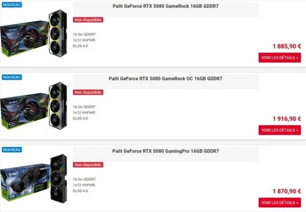 Tarifs des cartes RTX 5080 en France.