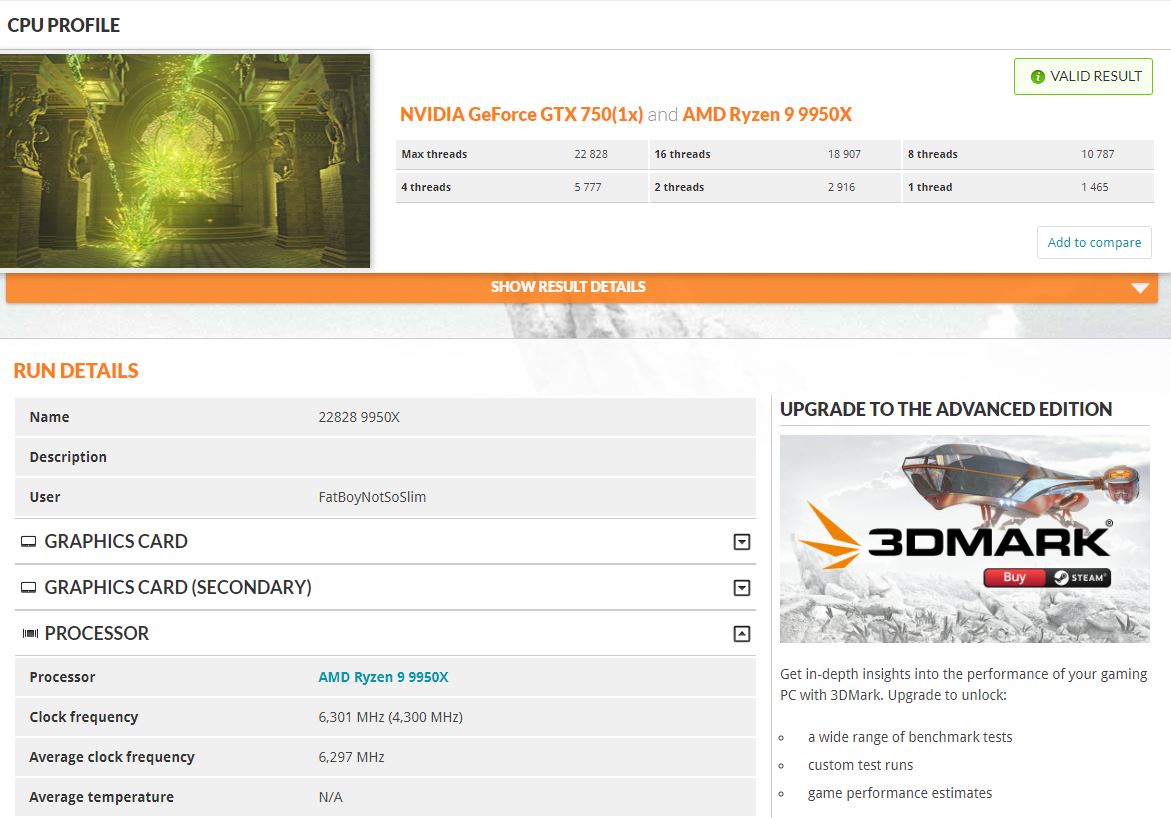 3DMark Ryzen 9 9950X à 6.3 GHz