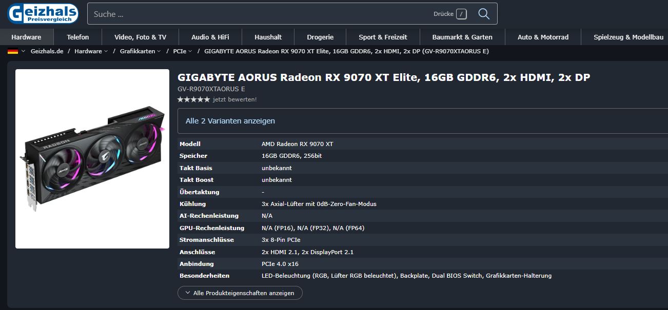 Gigabyte RX 9070 XT Gaming OC Geizhals