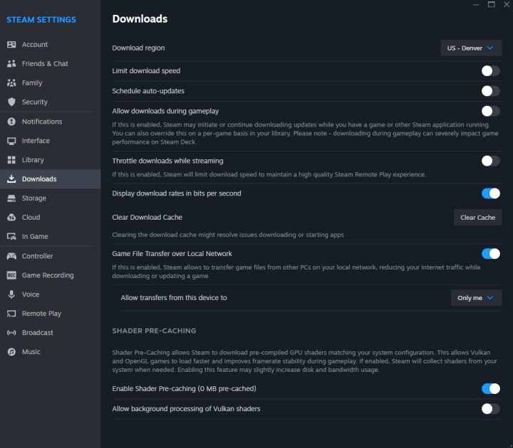 Menu des paramètres de téléchargement de Steam.