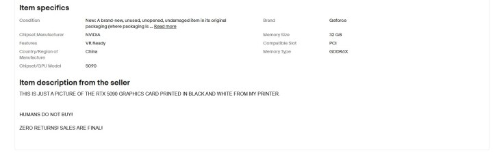 Une capture d'écran d'une annonce sur eBay destinée à tromper les bots et les scalpers en achetant de faux RTX 5090