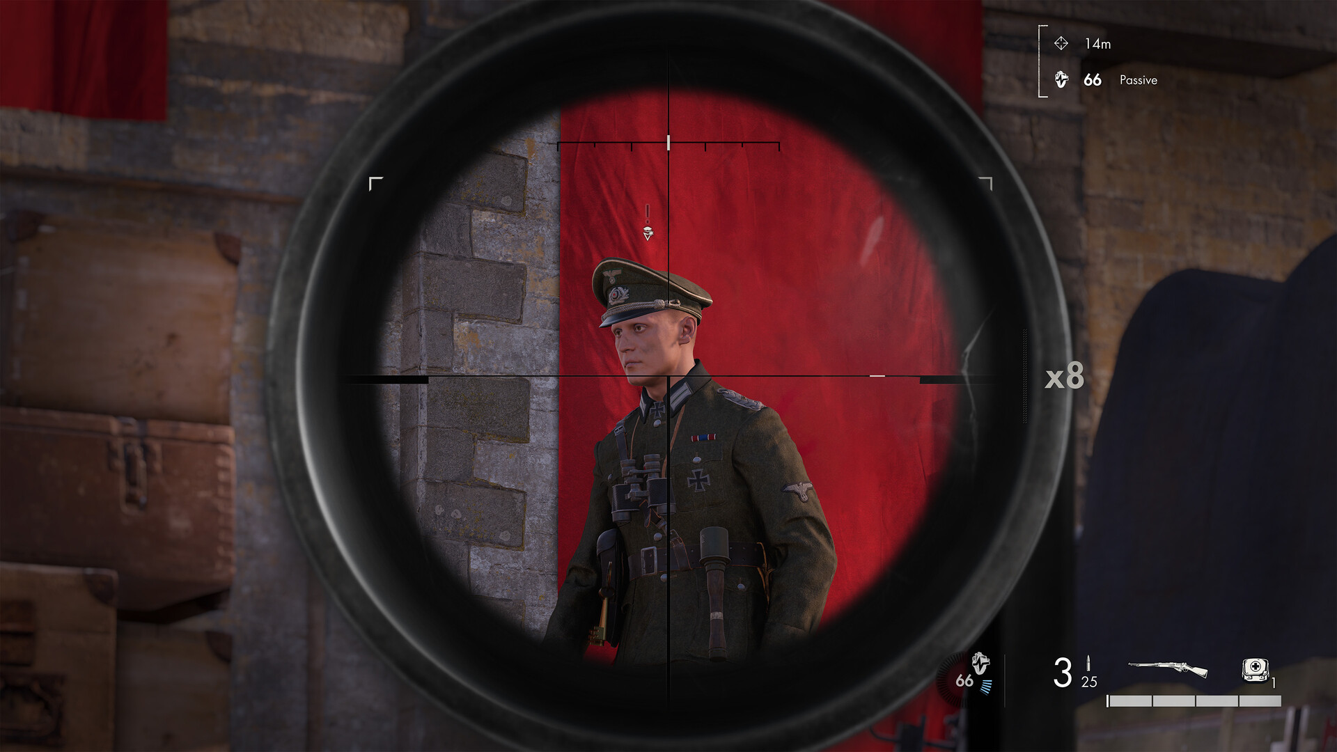 Un nazi apparaît dans la lunette d'un sniper dans Sniper Elite: Resistance.