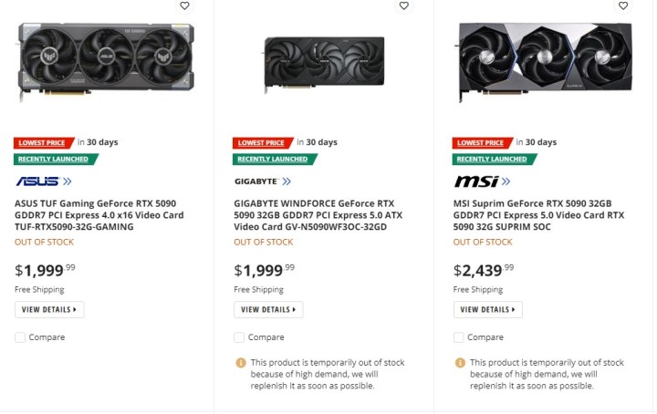 Listings RTX 5090 sur Newegg.