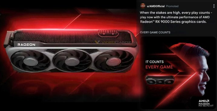 Une publicité pour la AMD RX 9070 XT.