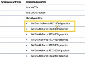 Spécifications du laptop Victus 15 montrant les options GPU GeForce RTX 5050 et RTX 5060.