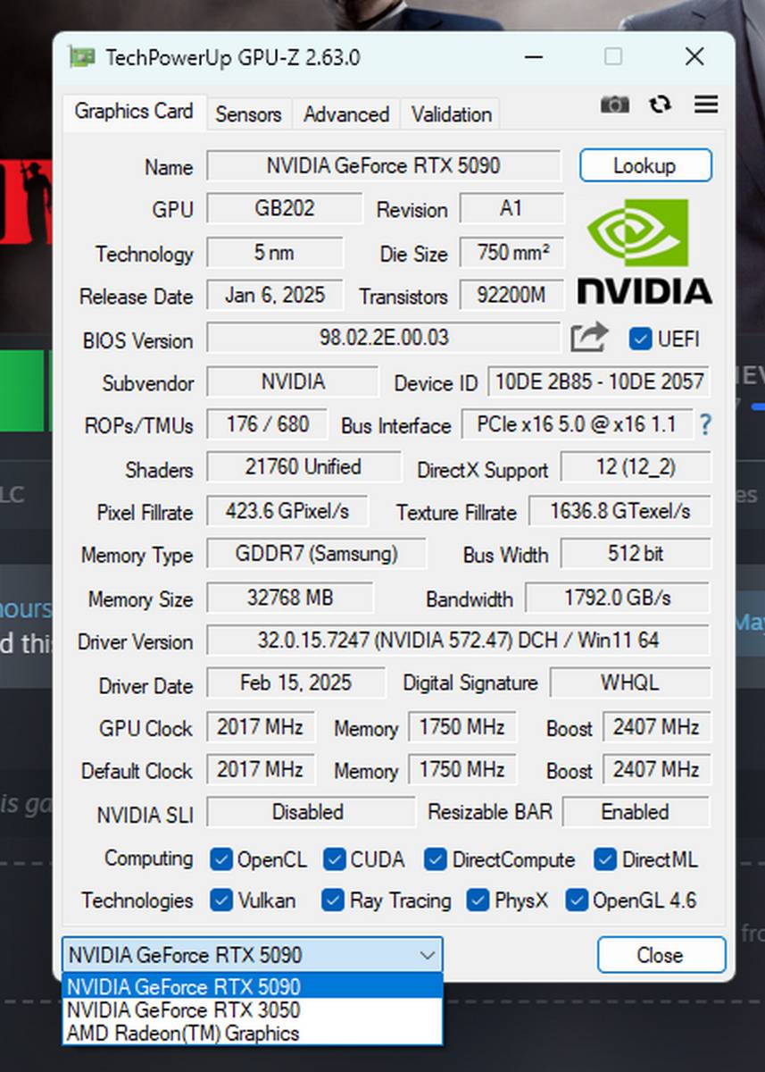 Nvidia RTX 5090 et RTX 3050 dans GPU-Z.