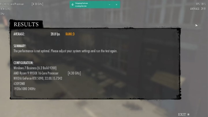 Un utilisateur de Reddit, jerubedo montrant les résultats du jeu Mafia II avec la RTX 5090 seule.