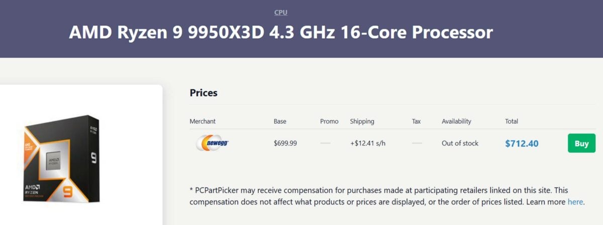 Prix du processeur AMD Ryzen 9 9950X3D.