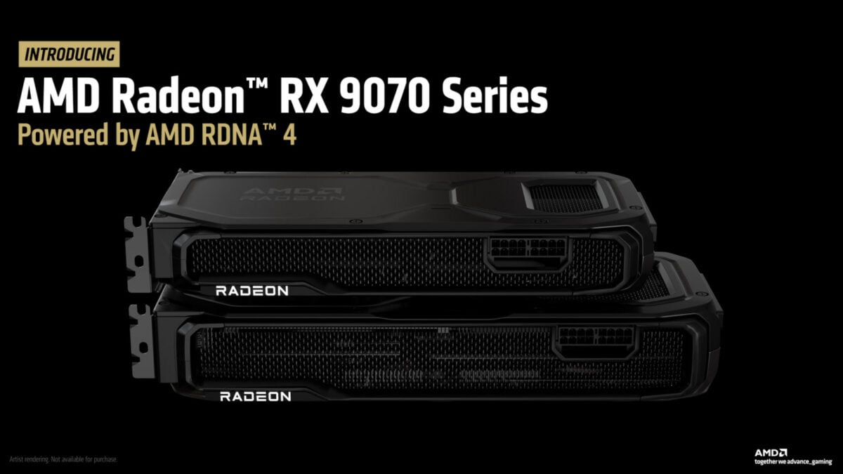 Cartes graphiques Radeon RX 9070, empilées les unes sur les autres.