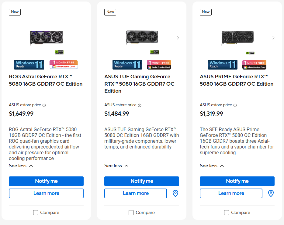 Prix des éditions ASUS RTX 5080