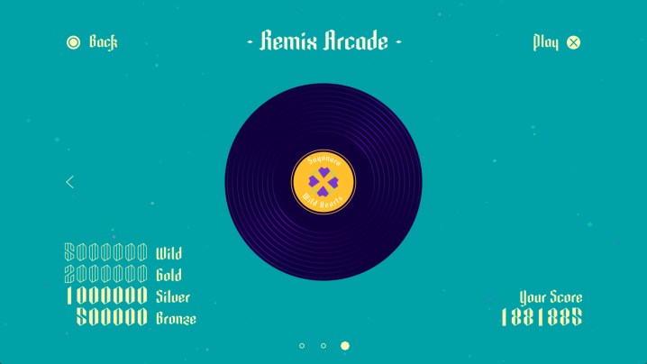 Menu Sayonara Wild Hearts montrant le mode Remix Arcade avec un disque