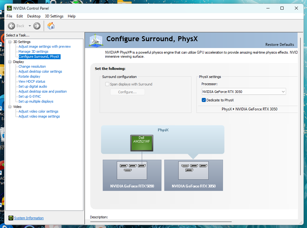 Panneau de contrôle PhysX de la RTX 3050