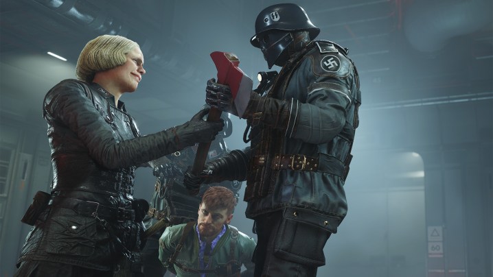 Un nazi tendant une hache à un autre dans wolfenstein 2