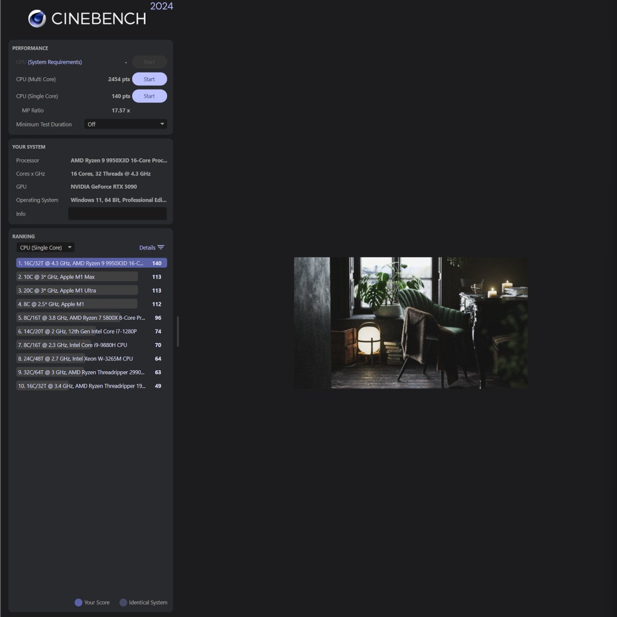 Ryzen 9 9950X3D avec un overclocking de +150MHz.