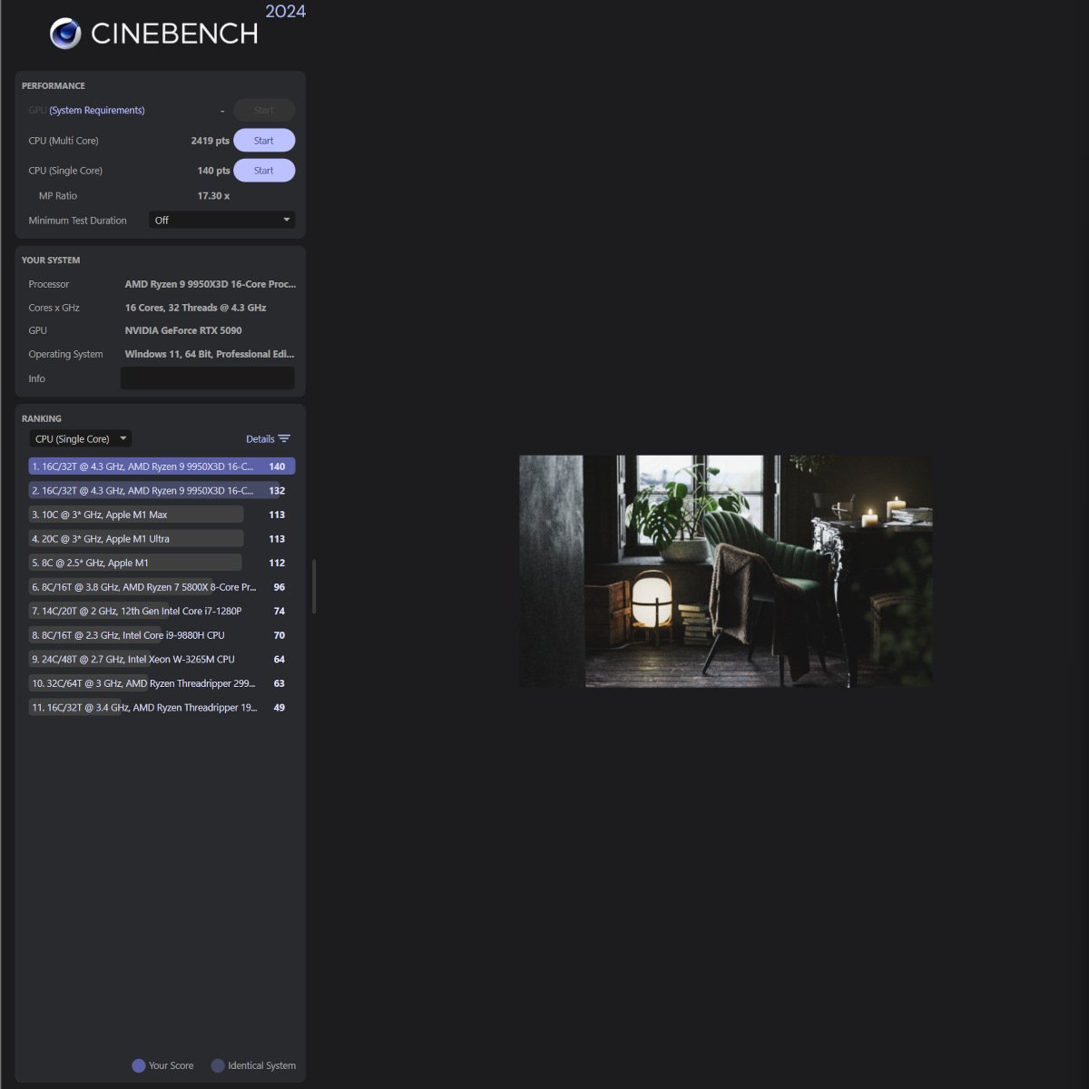 Performances du Ryzen 9 9950X3D avec un score de 2 419 points multi-cœur avec le profil EXPO activé.