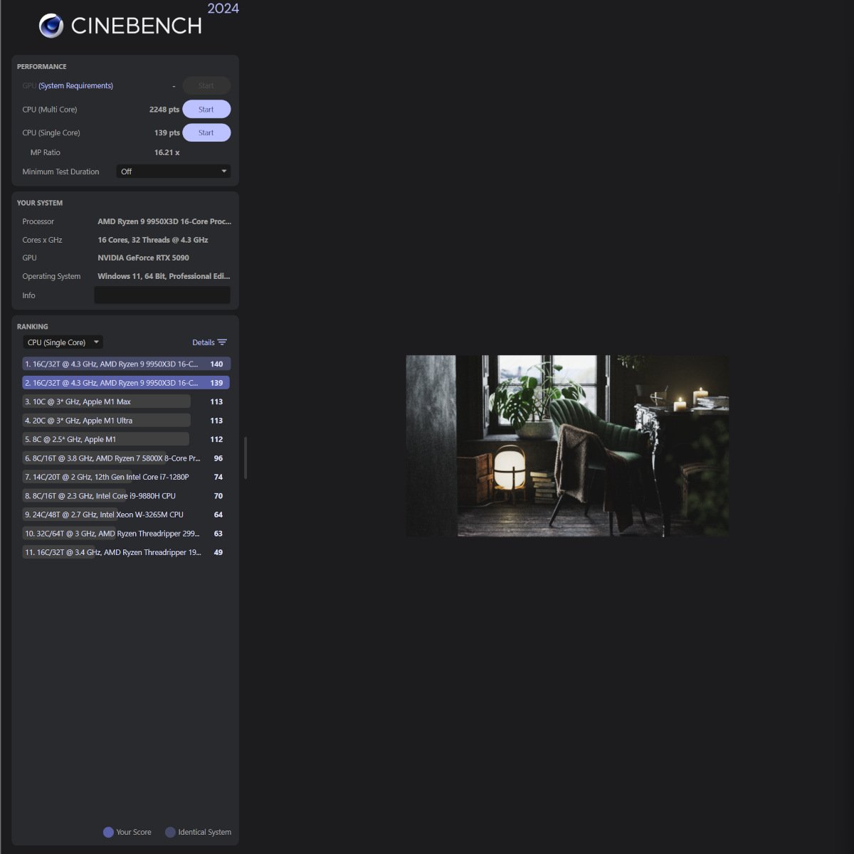 Ryzen 9 9950X3D avec un TDP de 110W et un score de 2 248.