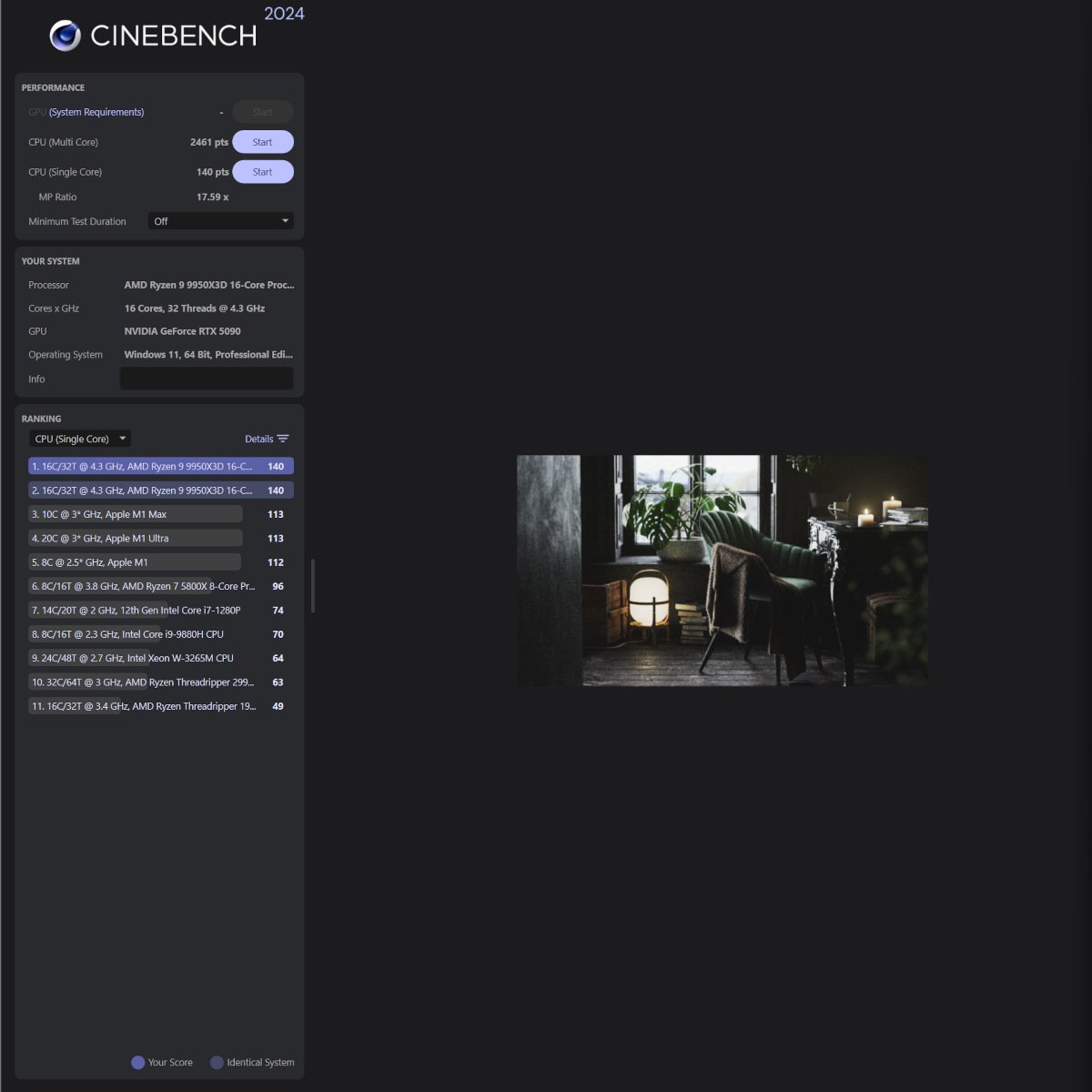 Ryzen 9 9950X3D via PBO avec 2 461 points.