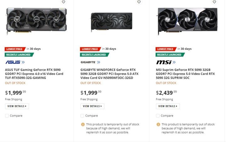 Annonces de la RTX 5090 sur Newegg.