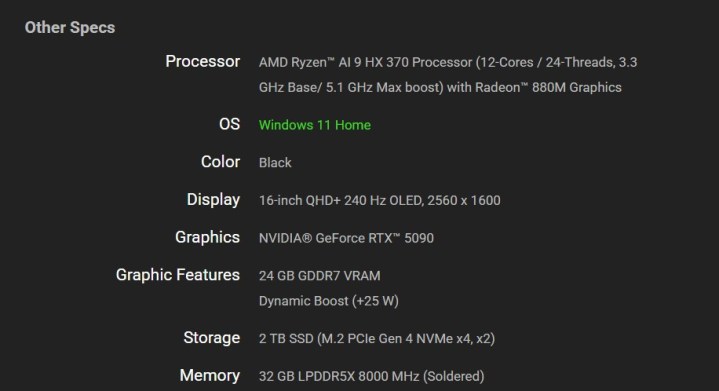 The specs for a Razer laptop with the RTX 5090.