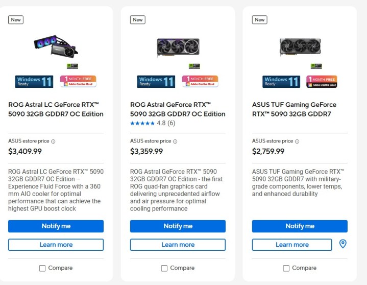 Prix pour le RTX 5090 dans la boutique Asus.