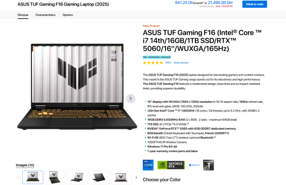 ASUS TUF Gaming F16 RTX 5060 listing