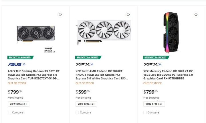 Newegg's stock of the RX 9070 XT.