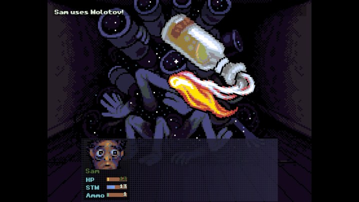 Sam lance un cocktail Molotov sur un monstre dans Look Outside.