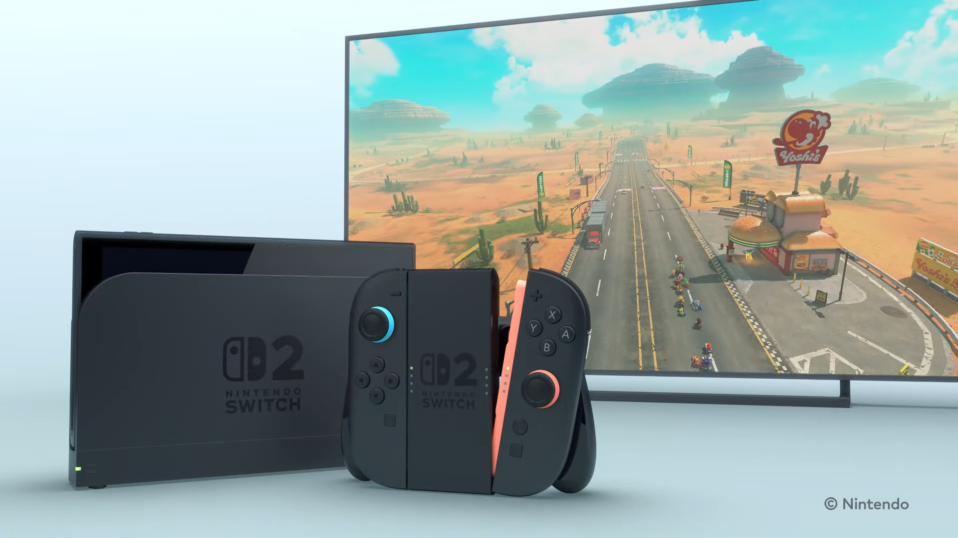 La Switch 2 à côté d'une télévision avec Mario Kart.
