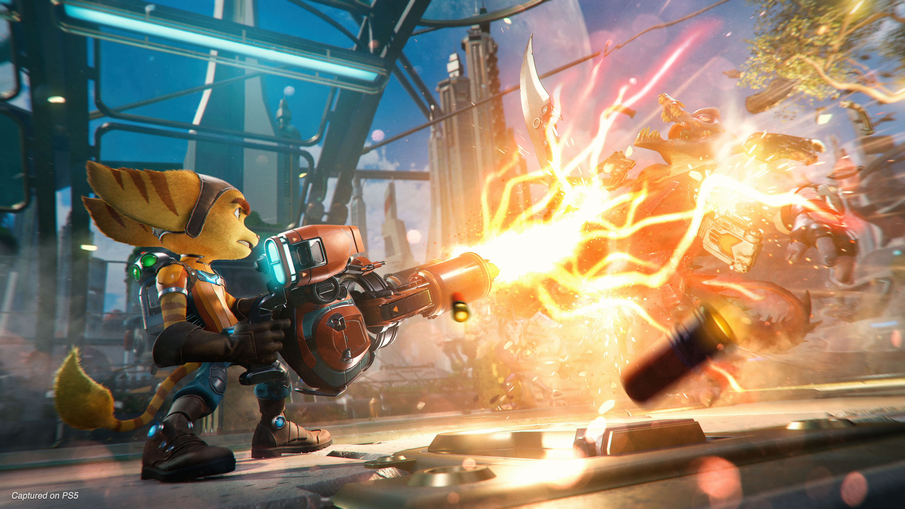 Ratchet and Clank screenshot of Ratchet firing a blast at an enemy.