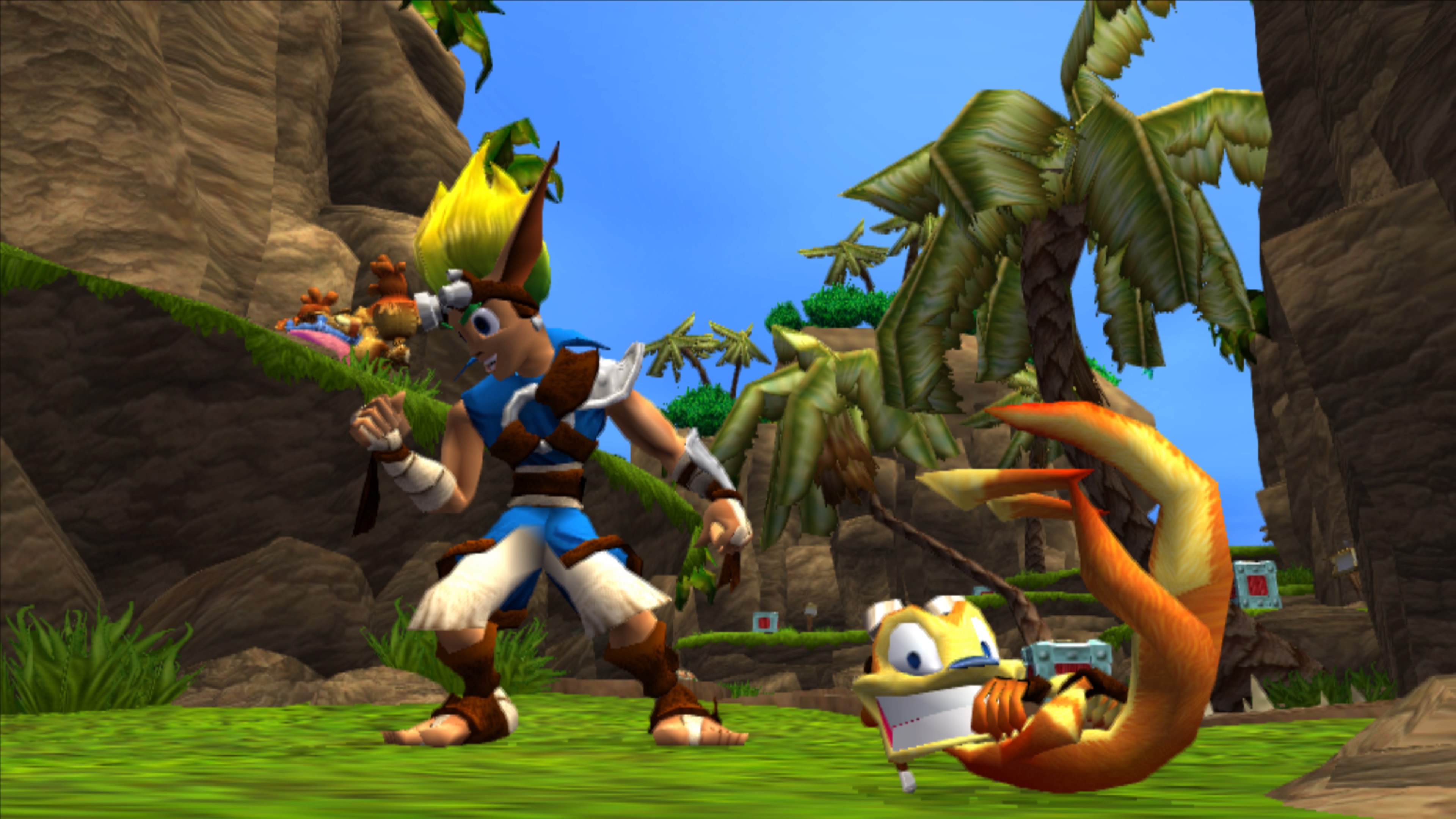 Jak and Daxter posing after getting a power cell in Jak and Daxter: The Precursor Legacy.