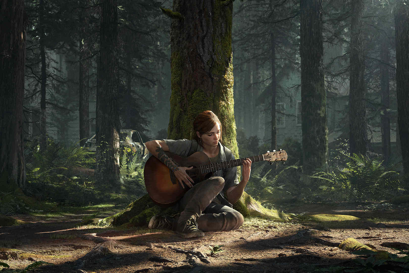 Ellie holds a guitar in the forest in The Last of Us Part 2.