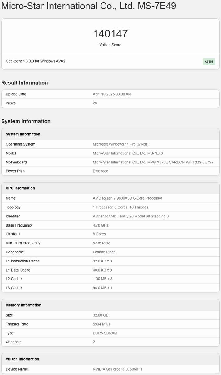 GeForce RTX 5060 Ti en Vulkan Geekbench