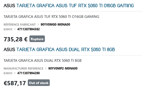 Variantes de la RTX 5060 Ti sur le marché allemand