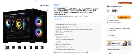 Stormcraft PC Sirius RTX 5060 Ti i7 14700F Newegg