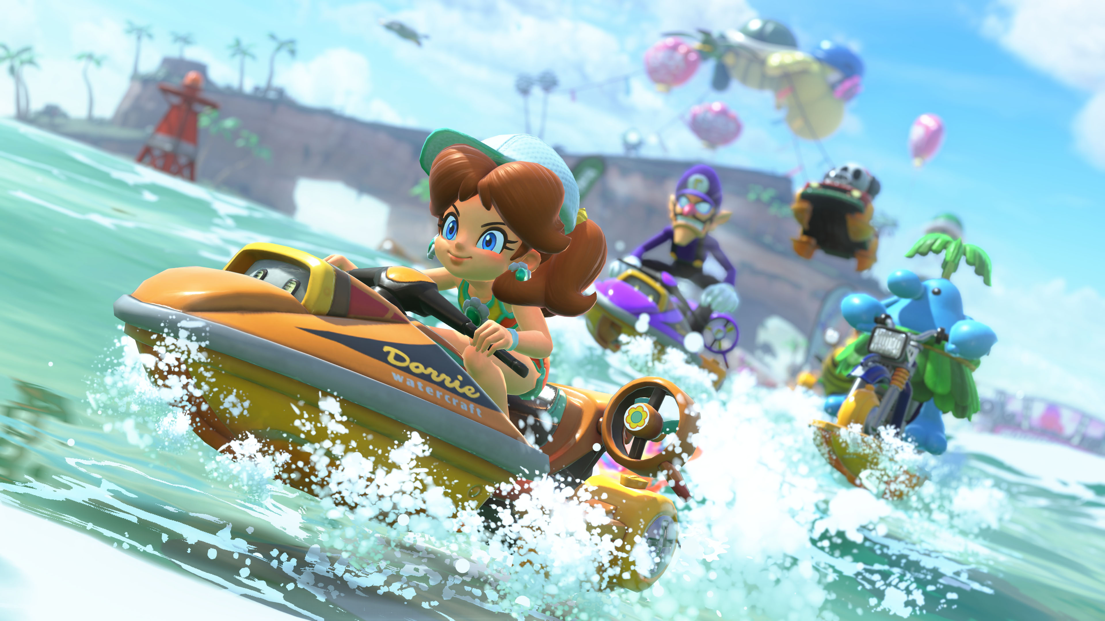 Daisy rides a jetski in Mario Kart World.