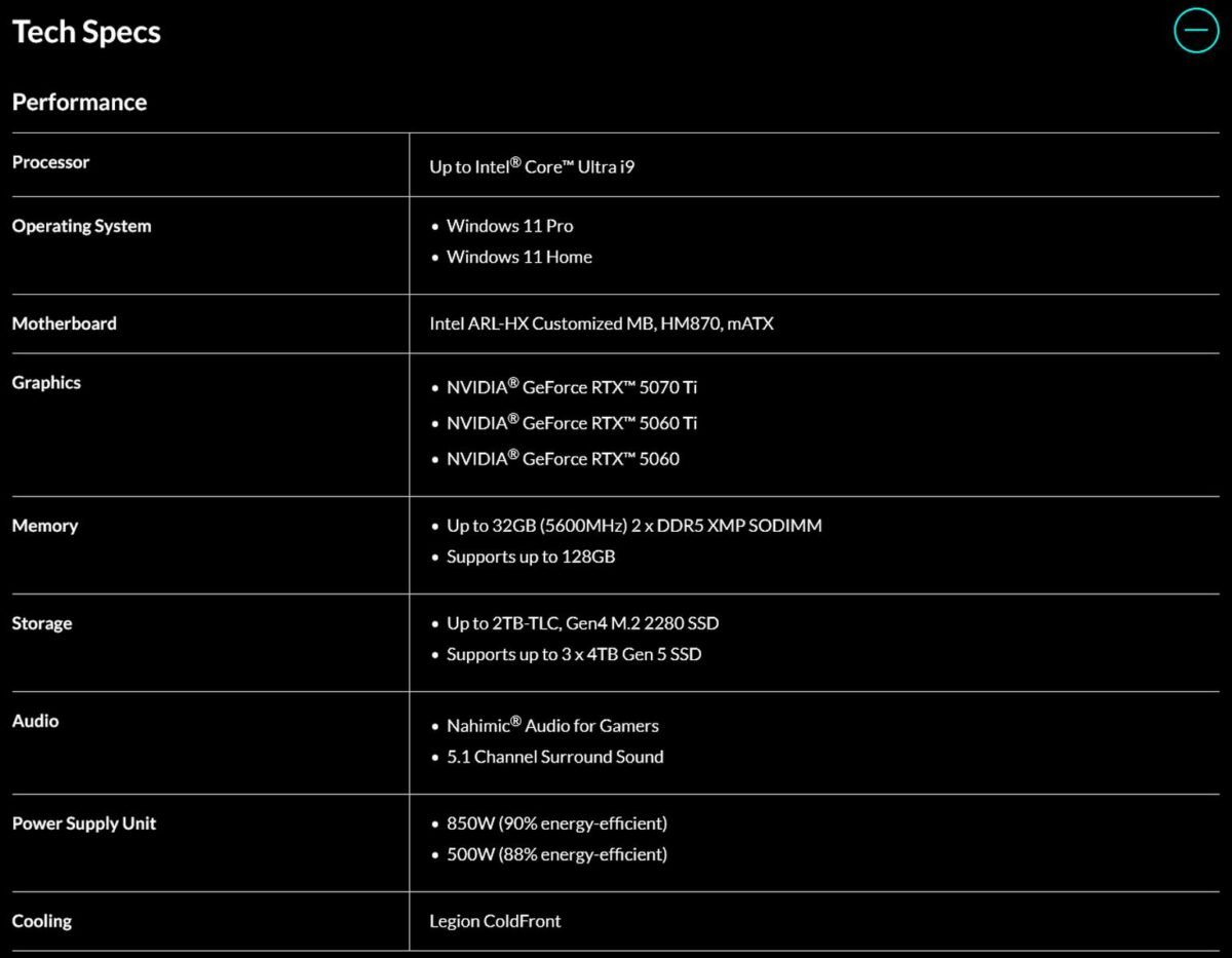 Lenovo Legion Tower 5i G10 PC specs.