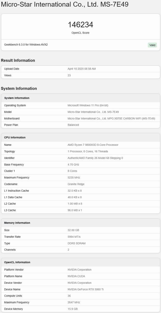 GeForce RTX 5060 Ti en OpenCL Geekbench