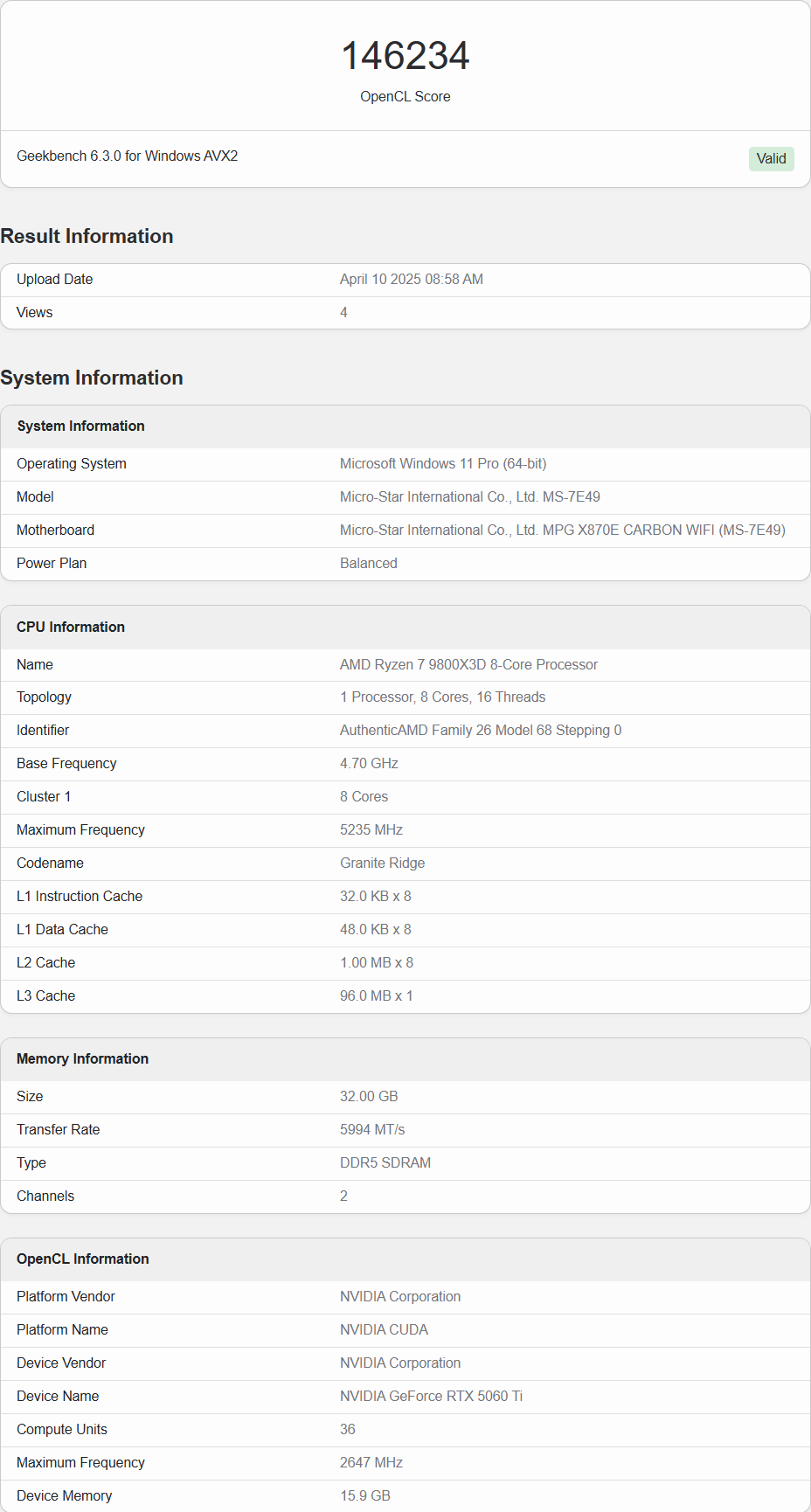 Benchmark OpenCL GeForce RTX 5060 Ti
