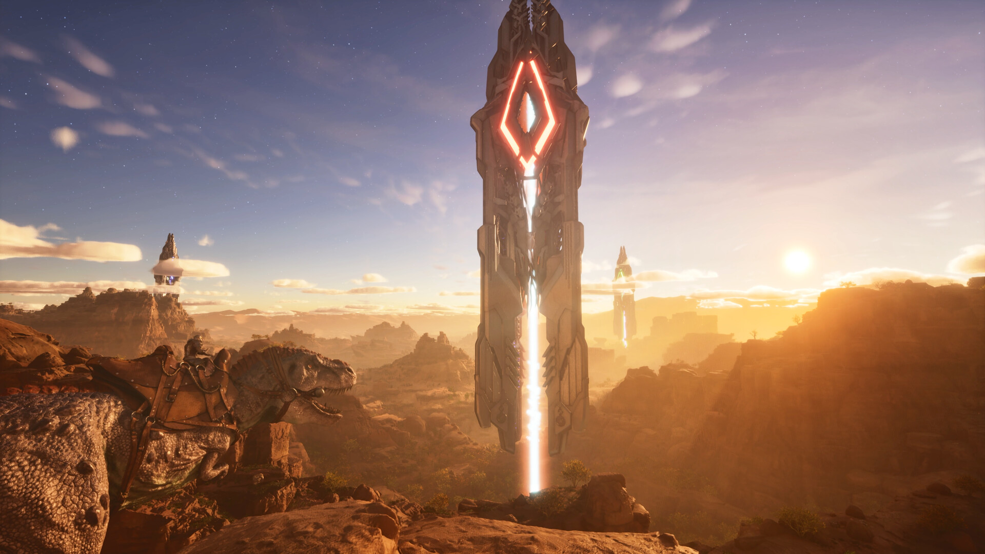 A man riding a dinosaur approaching a sci-fi tower.