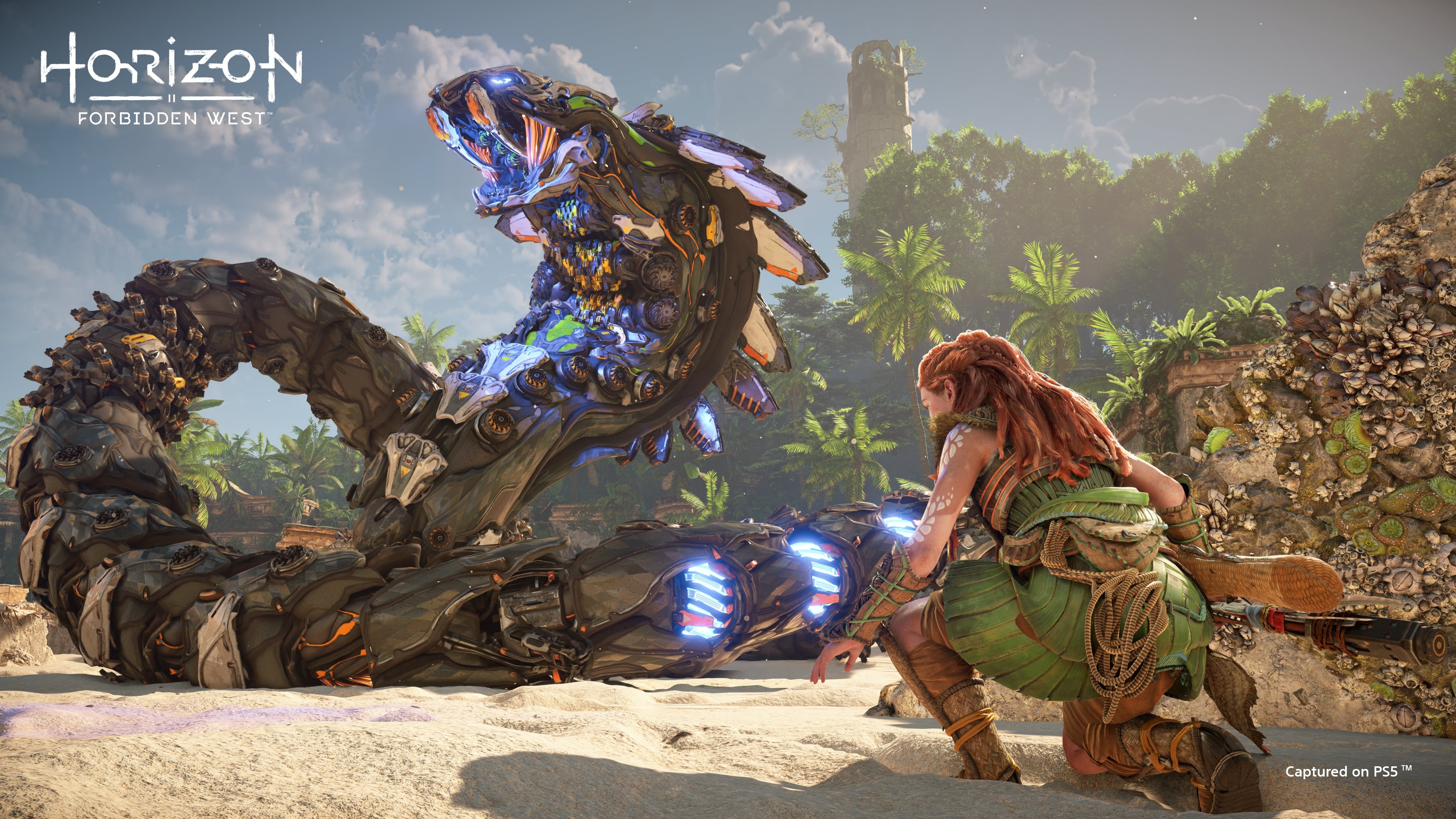 Aloy looks at a giant Slitherfang in Horizon Forbidden West.