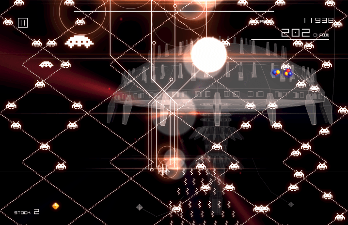 Un vaisseau blast à travers des extraterrestres dans Space Invaders Infinity Gene Evolve.