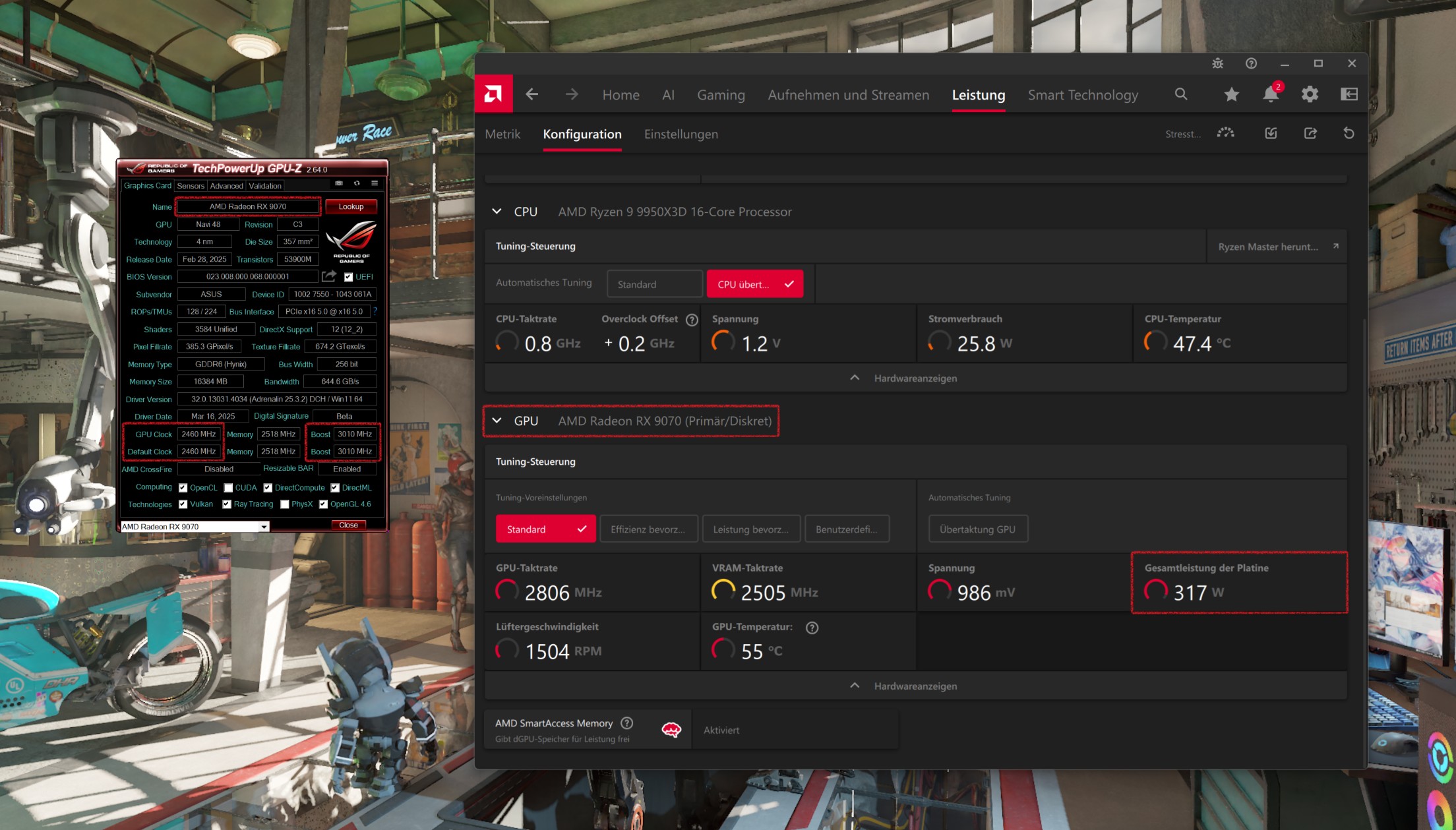RX 9070 dans l'utilitaire de pilote AMD et GPU-Z.