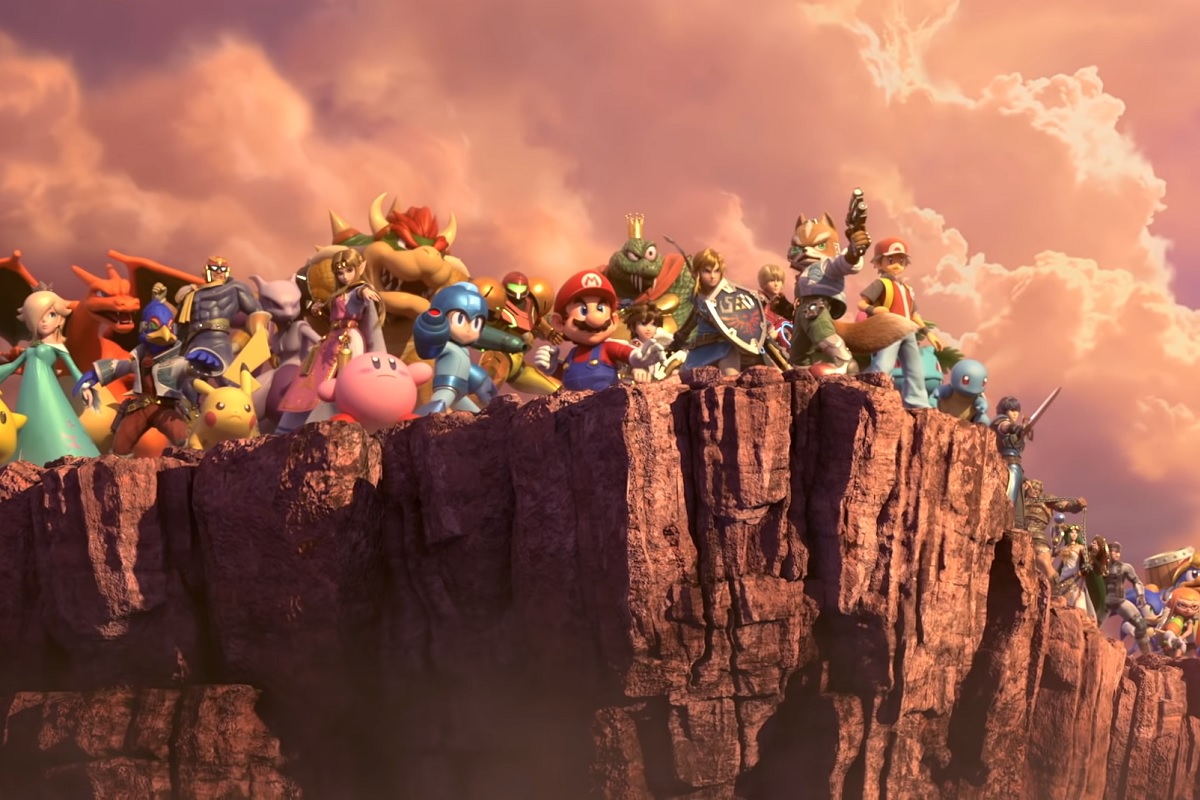 Personnages Nintendo debout sur une falaise.