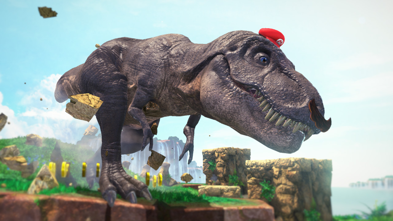 Un T-rex porte le chapeau de Mario dans Super Mario Odyssey.