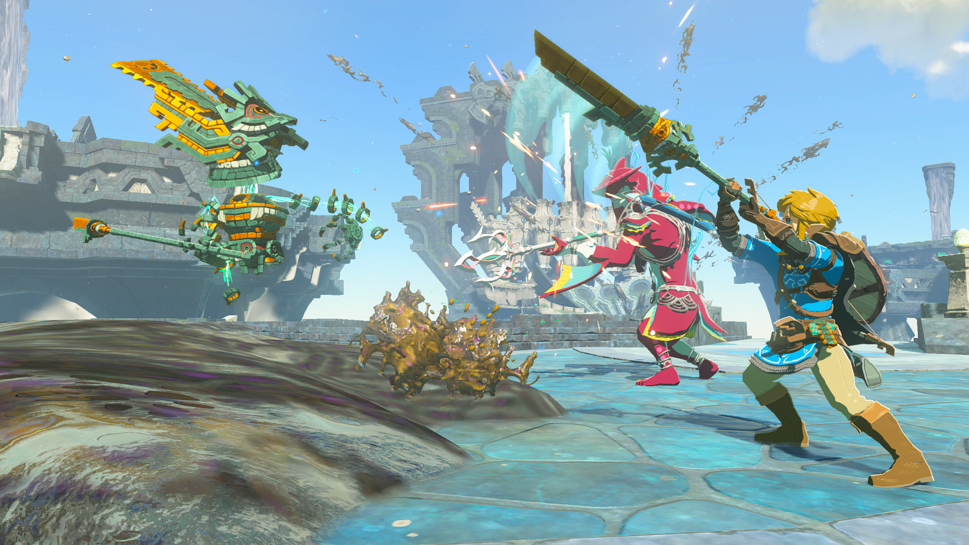 Link combat un Zonai dans The Legend of Zelda: Tears of the Kingdom Switch 2 Edition.