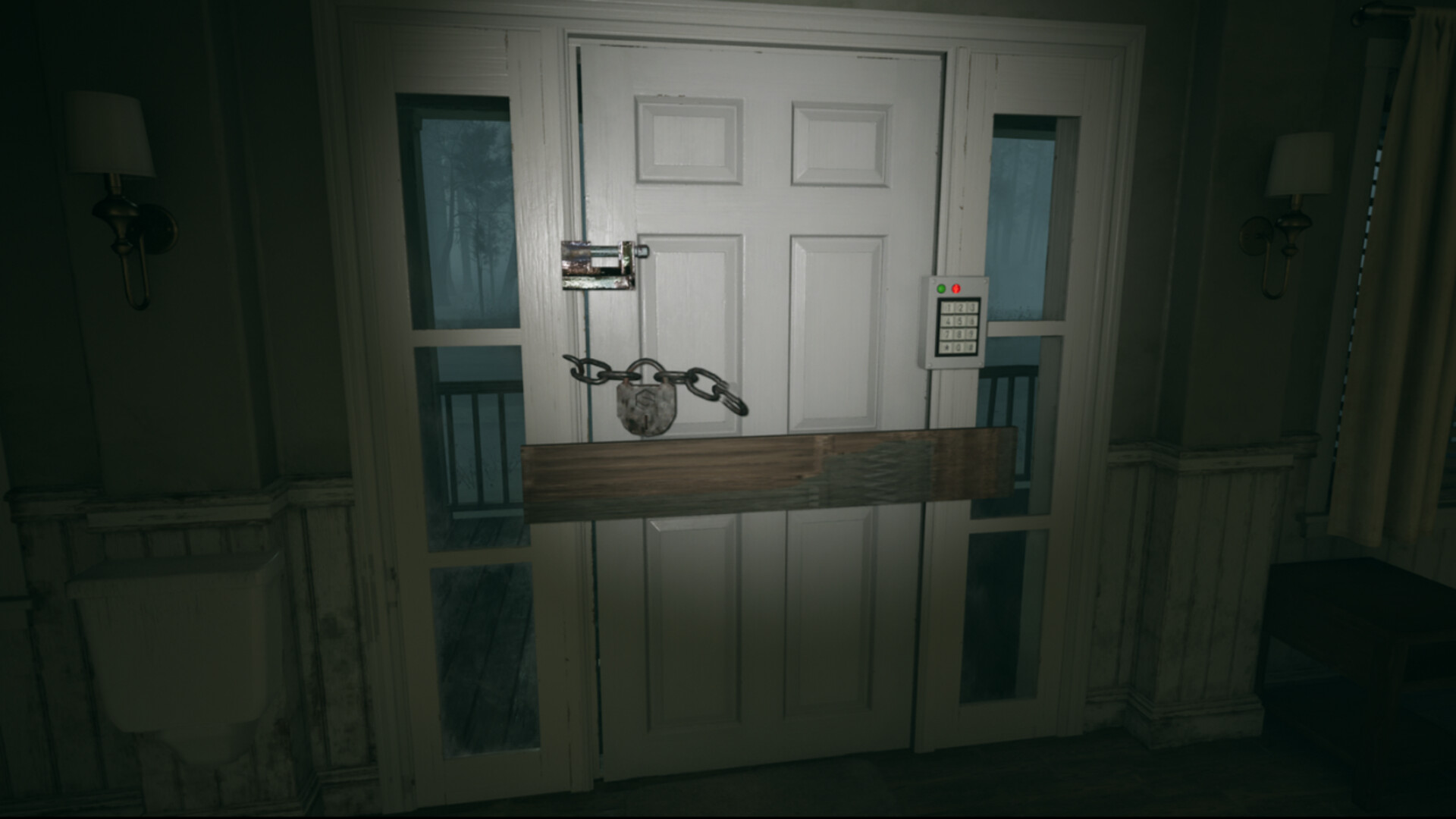 Une porte verrouillée dans un jeu d'horreur.