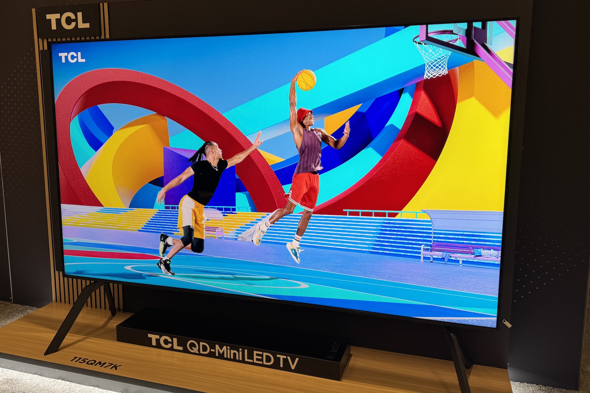 The 98-inch TCL QM7K mini-LED TV in a suite at CES 2025.