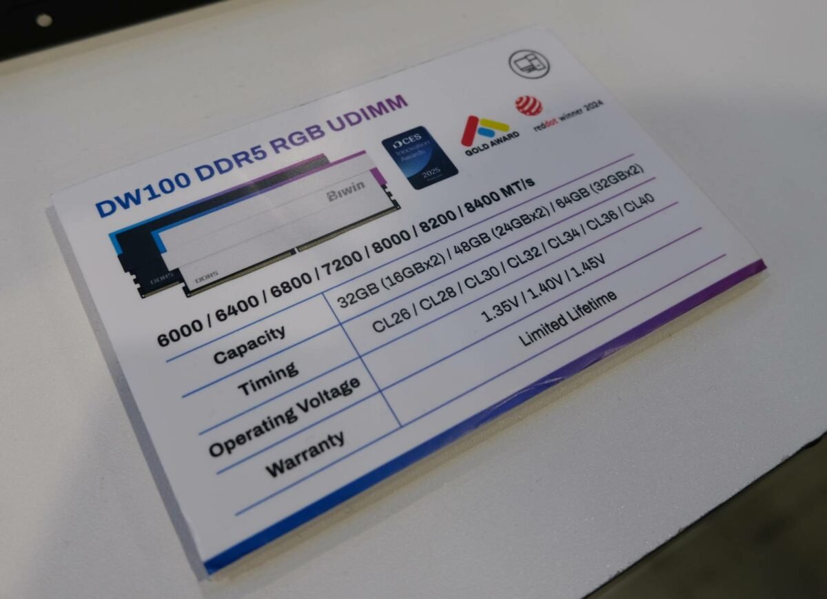 Biwin DW100 DDR5 RGB memory specs.
