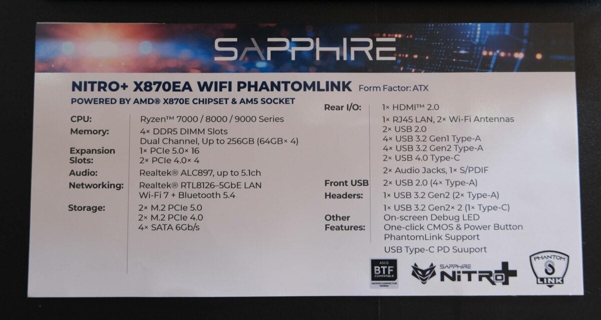 Spécifications de la Sapphire Nitro+ X870EA.